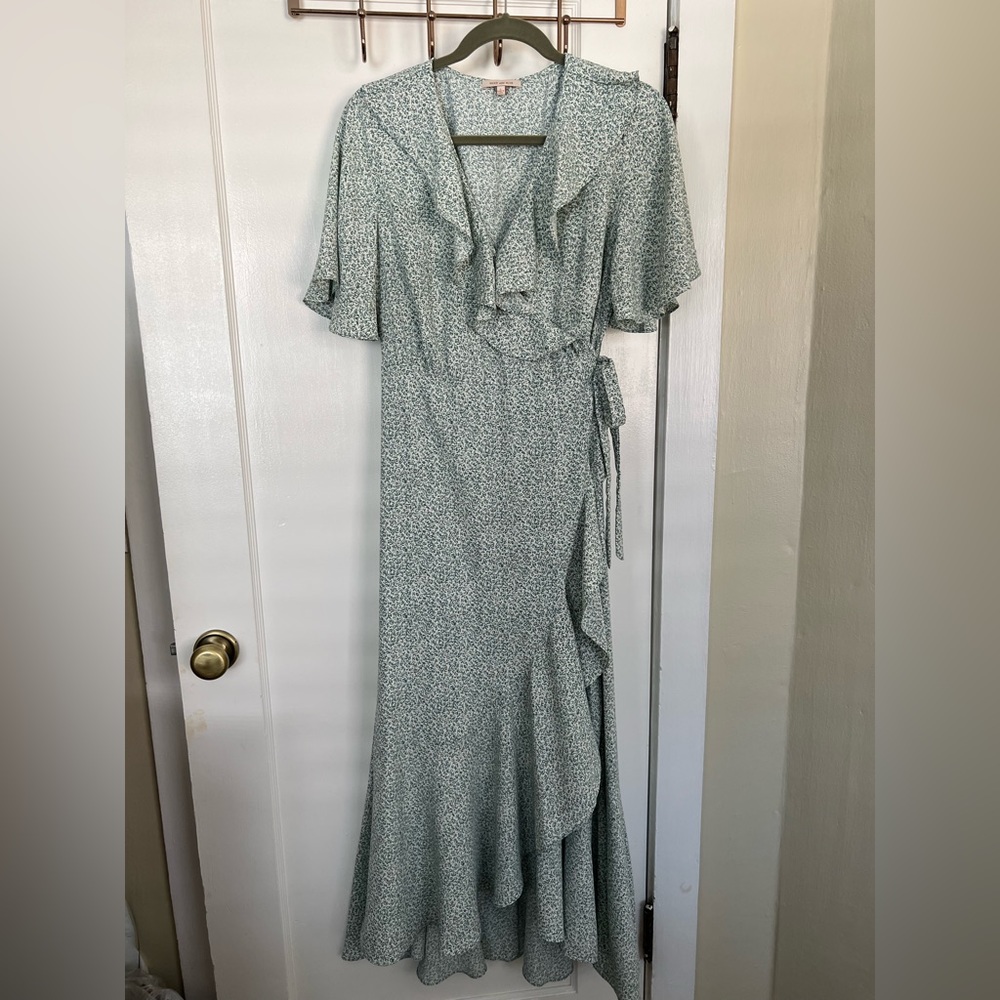 Piper & Scoot green/white Flutter Sleeve Wrap Dress, size L